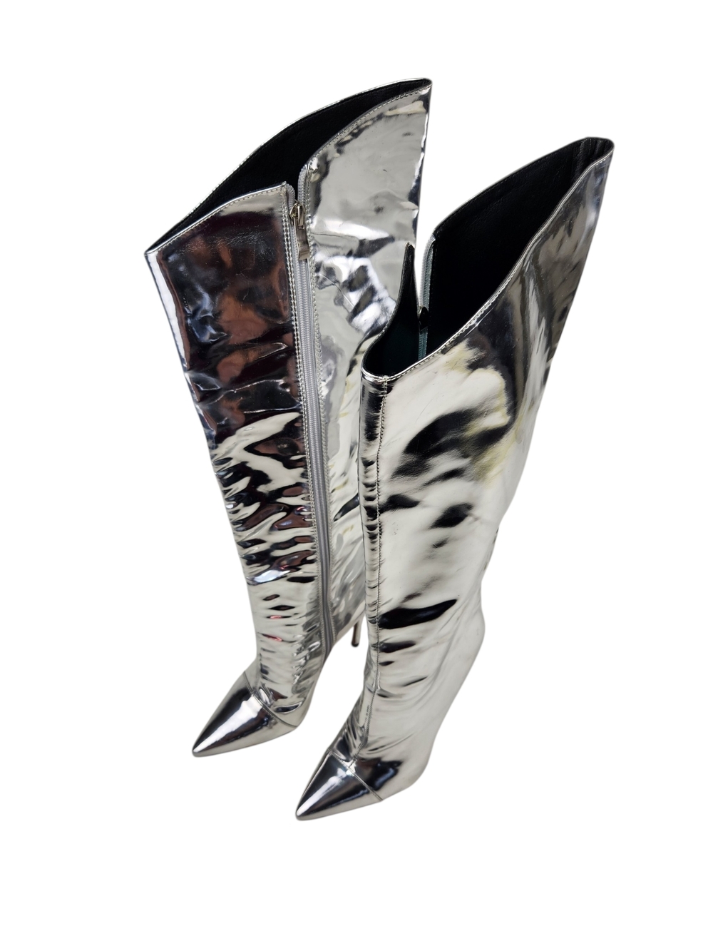 Silver Metallic Knee-High Stiletto Boots Size 38 Pointed Toe Futuristic Space 8 - Picture 5 of 16